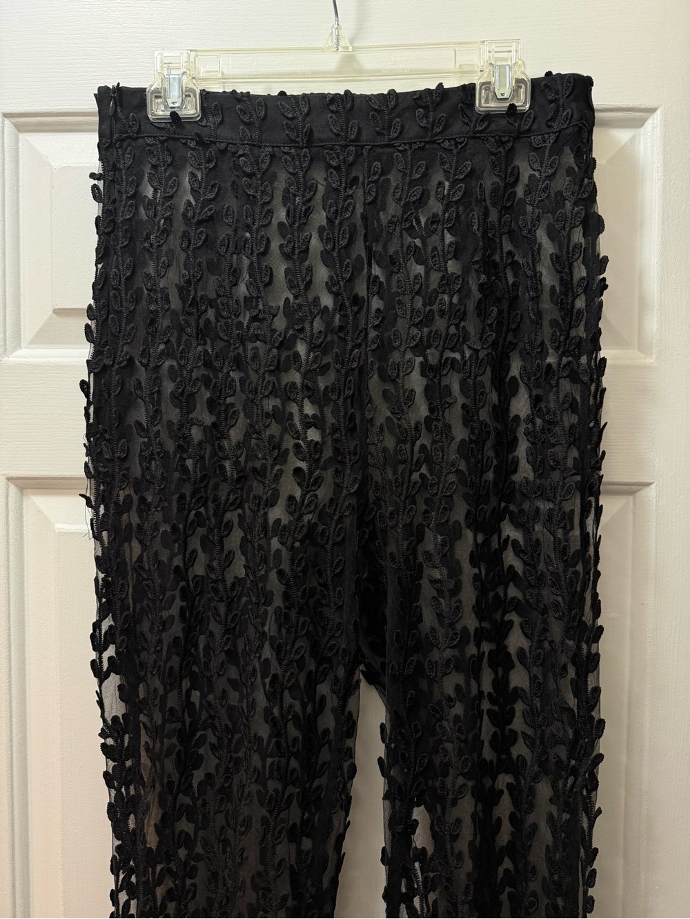 PrettyLittleThing Woven Black Sheer Lace Sleeve Belt Blazer and Flared Trousers - Picture 11 of 14